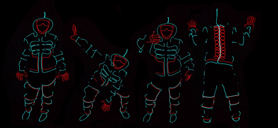 Collage of the EL costumes in 4 different poses showing both the front and the back of the costumes